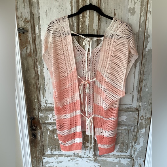 POL Other - POL Open-Knit Tie-Front Swim Cover-Up in Coral and Cream